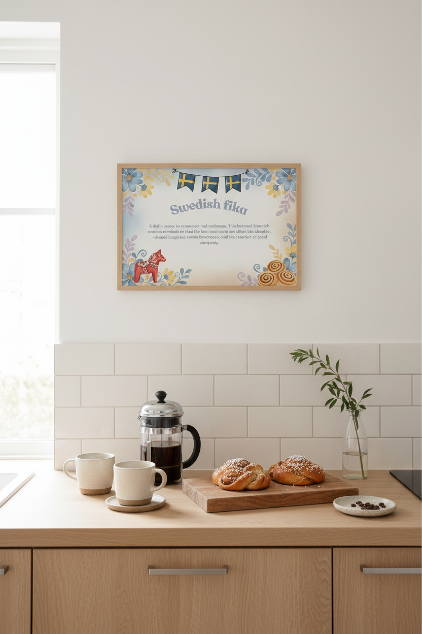Swedish fika framed print above coffee bar with kanelbullar and Swedish flags - Nordic kitchen wall art