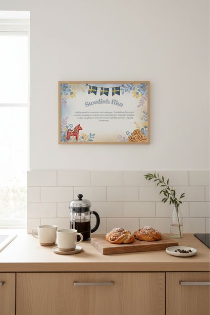 Swedish fika framed print above coffee bar with kanelbullar and Swedish flags - Nordic kitchen wall art
