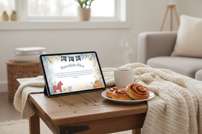 Swedish fika digital print on iPad with coffee and pastries - Nordic coffee break art instant download