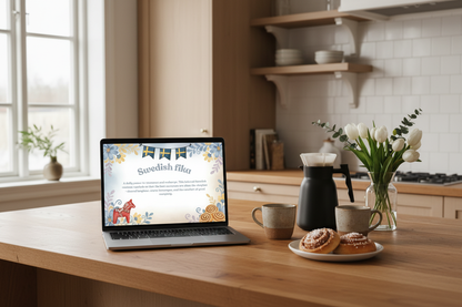 Swedish fika design on MacBook in Scandinavian kitchen - Nordic coffee culture digital artwork