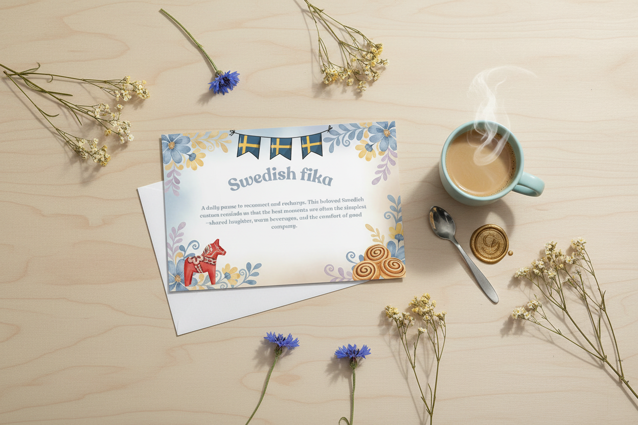 Swedish fika postcard flatlay with coffee cup and cinnamon bun on Nordic wooden table - digital print lifestyle mockup