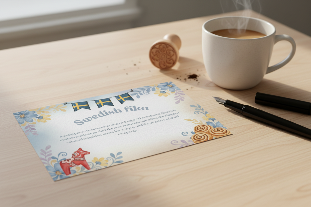 Swedish fika postcard with pen and stamp on wooden surface - printed Nordic greeting card lifestyle photo