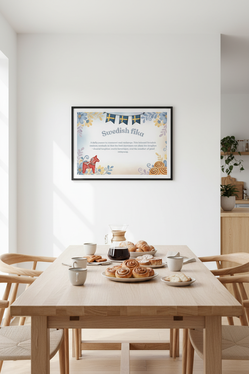 Swedish fika wall art print in Scandinavian kitchen with Dala horse and pastel florals - Nordic home decor poster