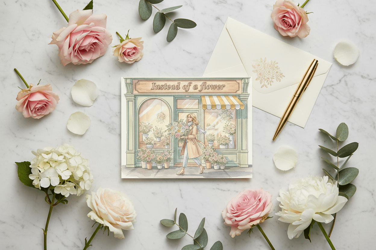 "Instead of a Flower sympathy card flatlay mockup with envelope on neutral background