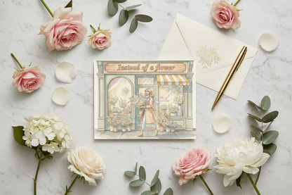 "Instead of a Flower sympathy card flatlay mockup with envelope on neutral background