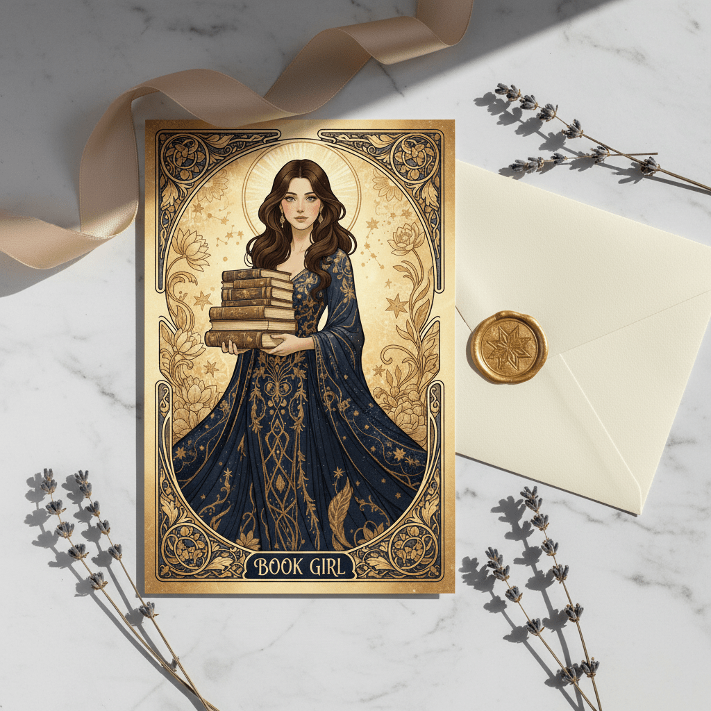 Book Girl – Art Nouveau printable greeting card flatlay with botanical illustration, digital download
