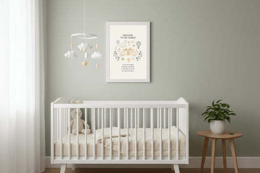 Welcome to the world baby card framed above crib in minimalist Nordic nursery