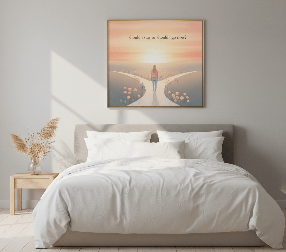 Inspirational print in Nordic bedroom frame with soft beige and white aesthetic