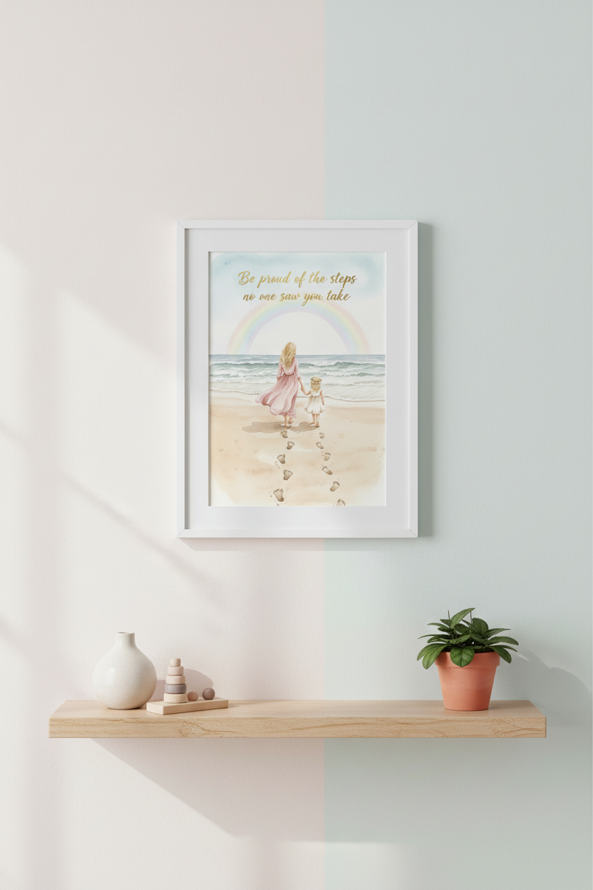 Be Proud of the Steps digital card displayed on MacBook in Nordic workspace with pink peonies and coffee - instant download greeting card