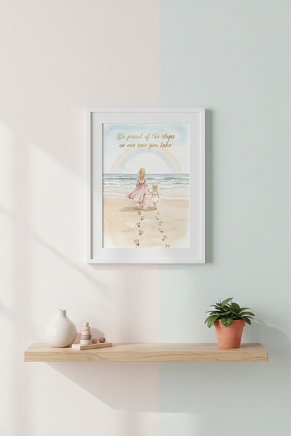 Be Proud of the Steps digital card displayed on MacBook in Nordic workspace with pink peonies and coffee - instant download greeting card