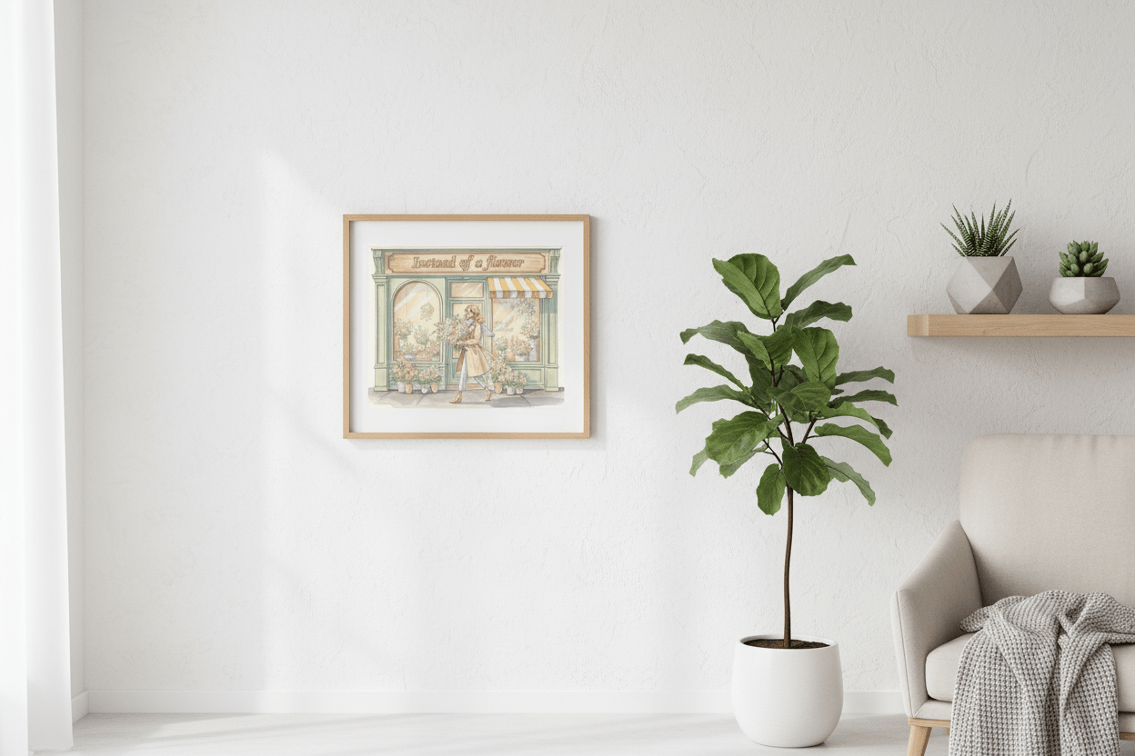 "Framed sympathy card on wall mockup - Instead of a Flower comforting message in Nordic style