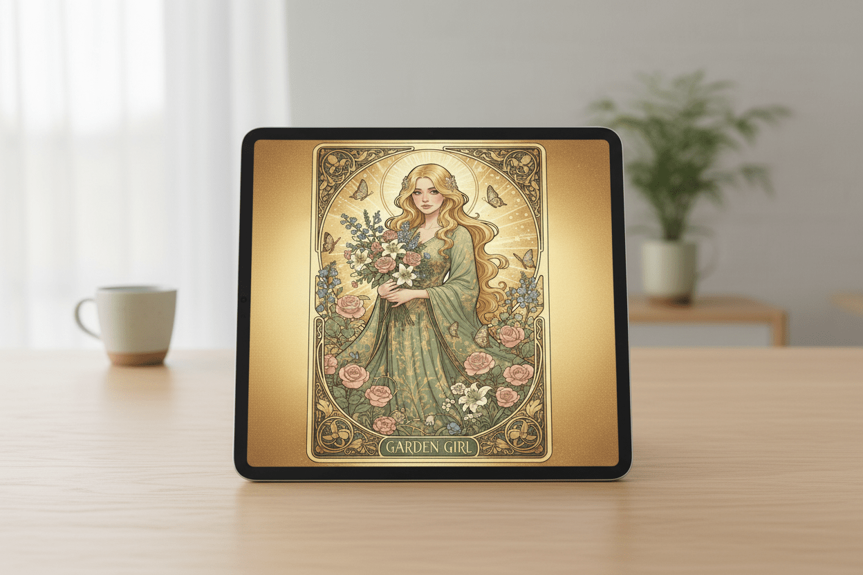 Garden Girl Art Nouveau digital greeting card on iPad