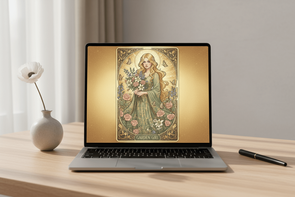 Garden Girl Art Nouveau digital greeting card on MacBook