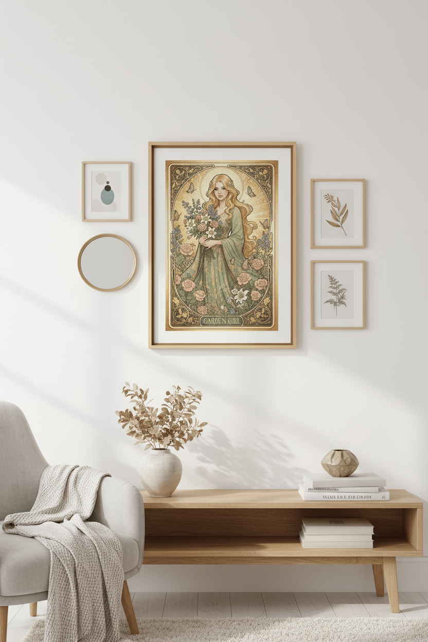 Garden Girl Art Nouveau card framed print on wall