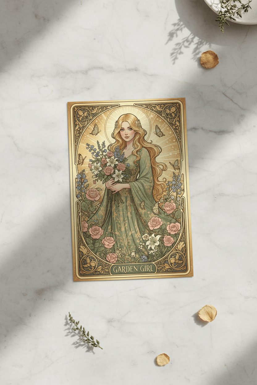 Garden Girl Art Nouveau digital greeting card printed postcard on marble
