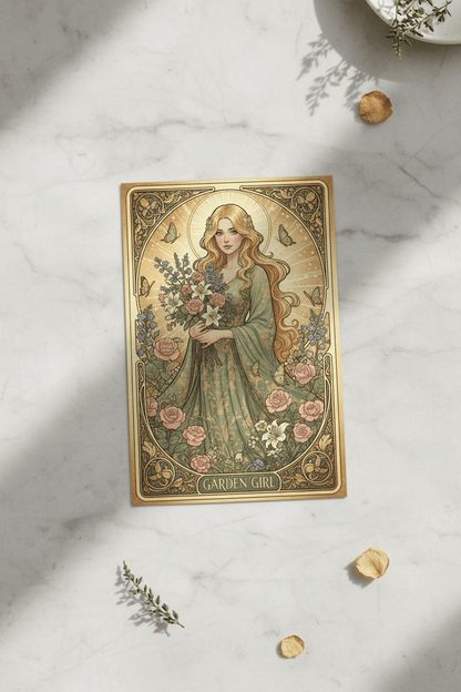 Garden Girl Art Nouveau digital greeting card printed postcard on marble