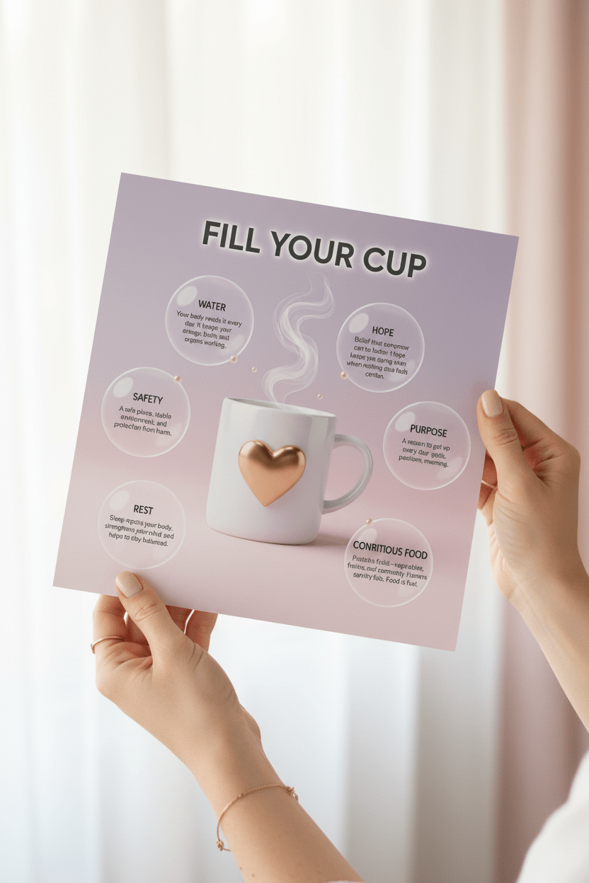 Hands holding fill your cup print - self-care motivation card in soft pastels