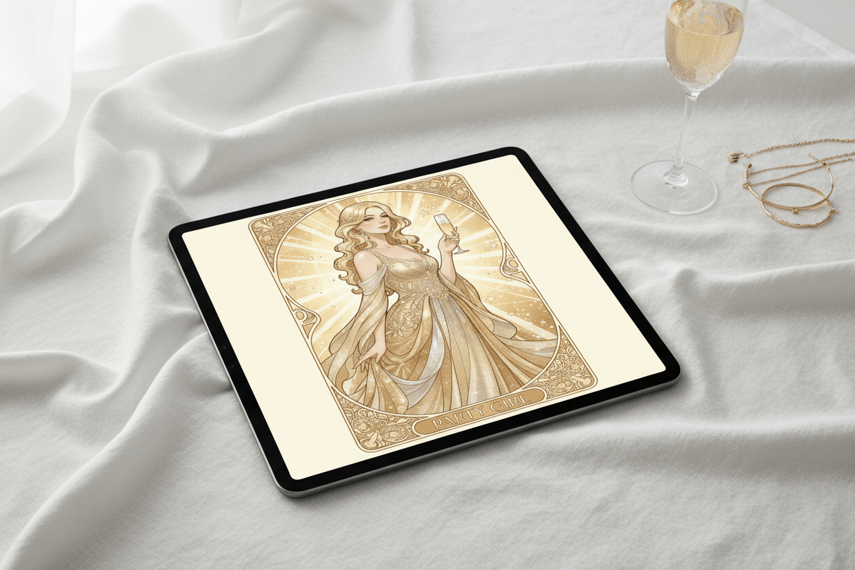 Party Girl Art Nouveau card on iPad – digital download greeting card