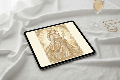 Party Girl Art Nouveau card on iPad – digital download greeting card