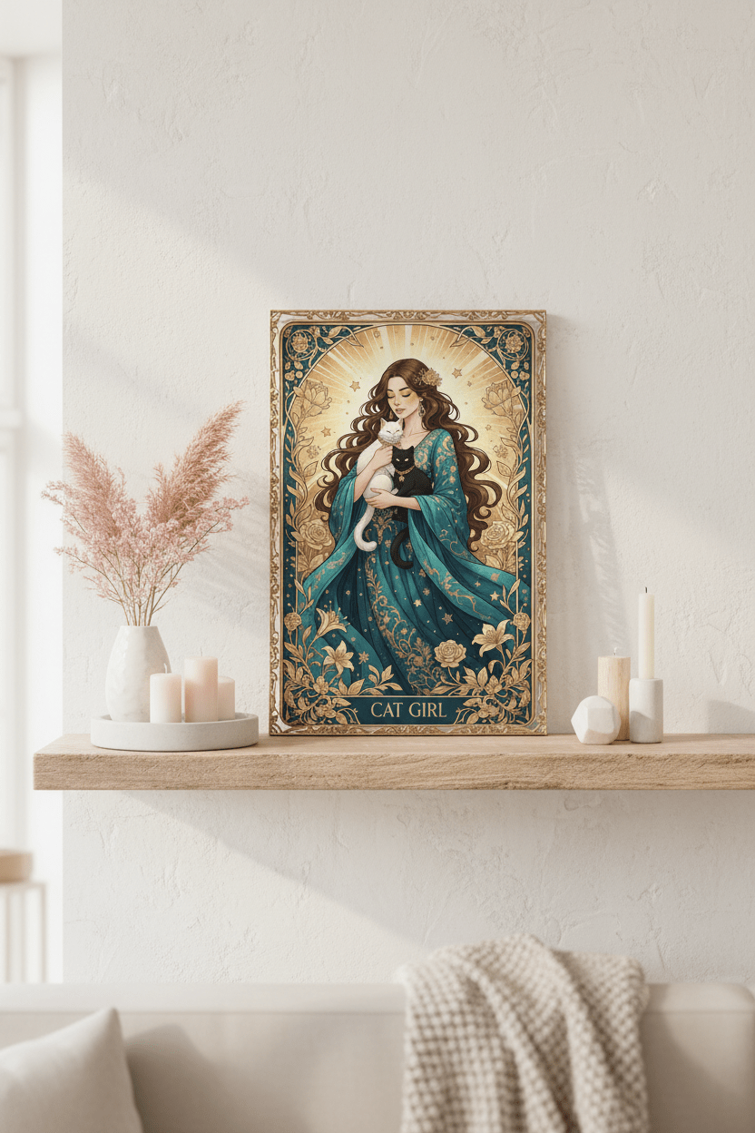 Cat Girl - Art Nouveau Card - Digital Greeting Download - TheJoyfulDigital