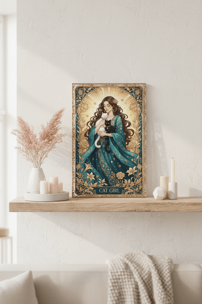 Cat Girl - Art Nouveau Card - Digital Greeting Download - TheJoyfulDigital