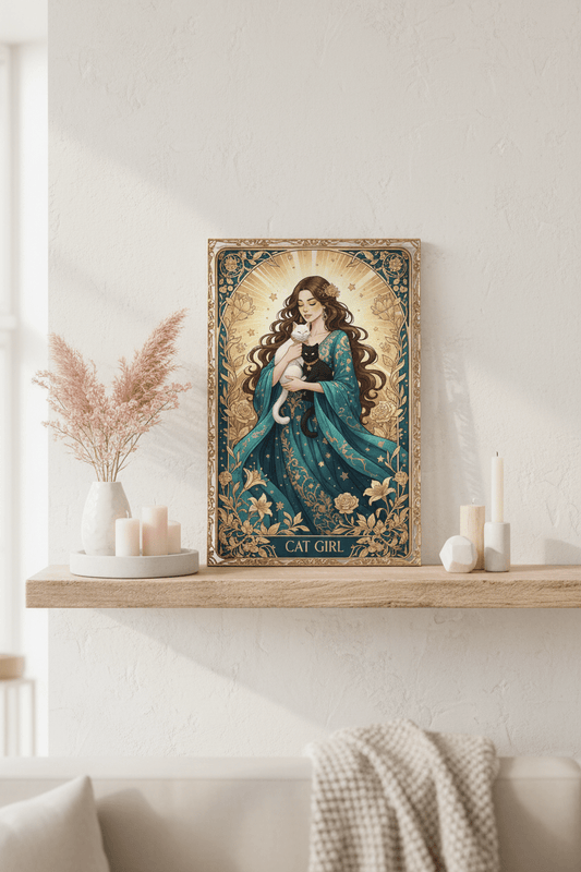 Cat Girl - Art Nouveau Card - Digital Greeting Download - TheJoyfulDigital
