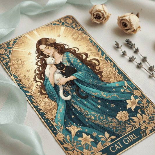 Cat Girl - Art Nouveau Card - Digital Greeting Download - TheJoyfulDigital