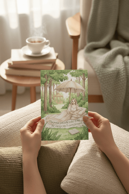 The Pause You Take Today card on iPad in peaceful workspace - printable meditation reminder