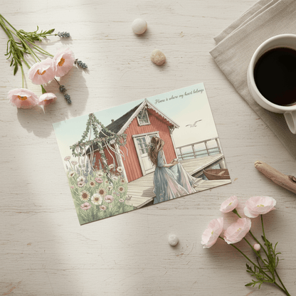 Red Swedish cottage with midsummer pole and coastal scene - Home is Where My Heart Belongs housewarming card