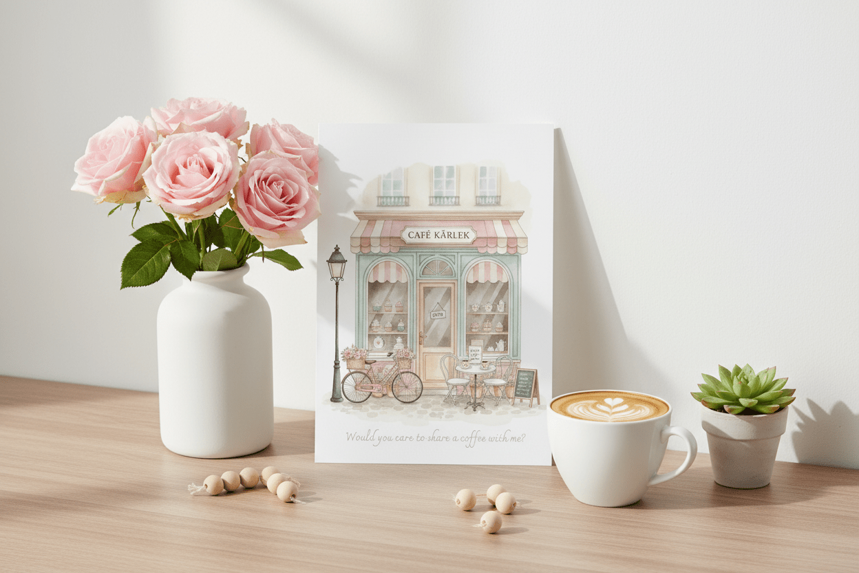 Café Love digital art on MacBook in minimalist workspace - Swedish coffee poster download