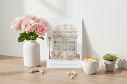 Café Love digital art on MacBook in minimalist workspace - Swedish coffee poster download