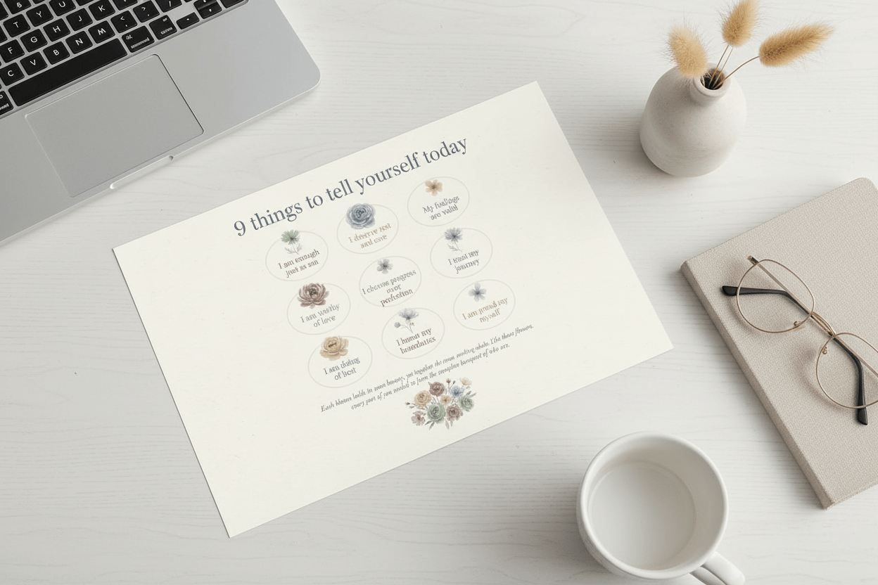 Daily affirmations card framed in bedroom - Nordic floral self-care reminder