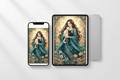 Cat Girl - Art Nouveau Card - Digital Greeting Download - TheJoyfulDigital