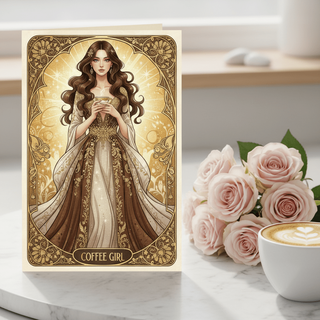 Coffee Girl - Art Nouveau Card – Digital Greeting Card - TheJoyfulDigital
