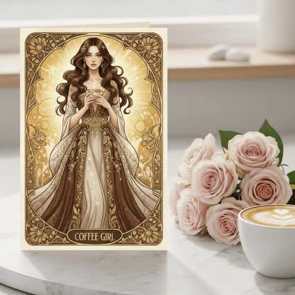 Coffee Girl - Art Nouveau Card – Digital Greeting Card - TheJoyfulDigital