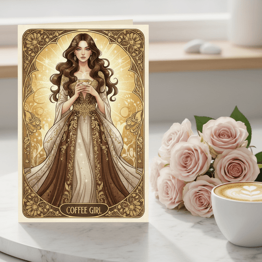 Coffee Girl - Art Nouveau Card – Digital Greeting Card - TheJoyfulDigital