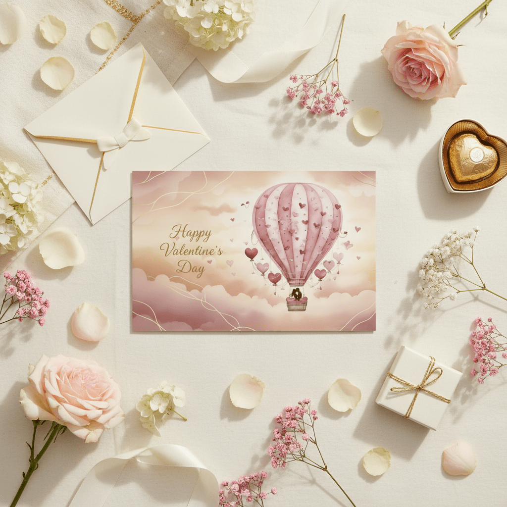 Happy Valentine's Day hot air balloon card styled with pink roses, white envelopes, and gold heart chocolates - instant download digital card