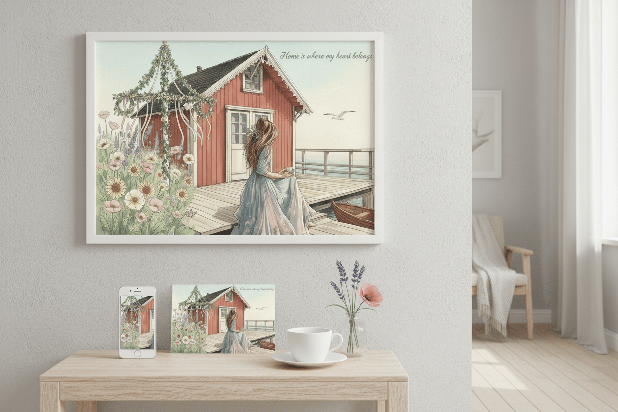 Housewarming digital card with Swedish red cottage on MacBook - printable Nordic heritage celebration card