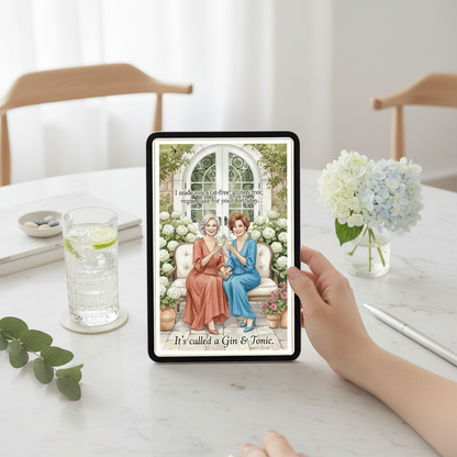 Digital birthday card displayed on tablet screen with gin and tonic drink