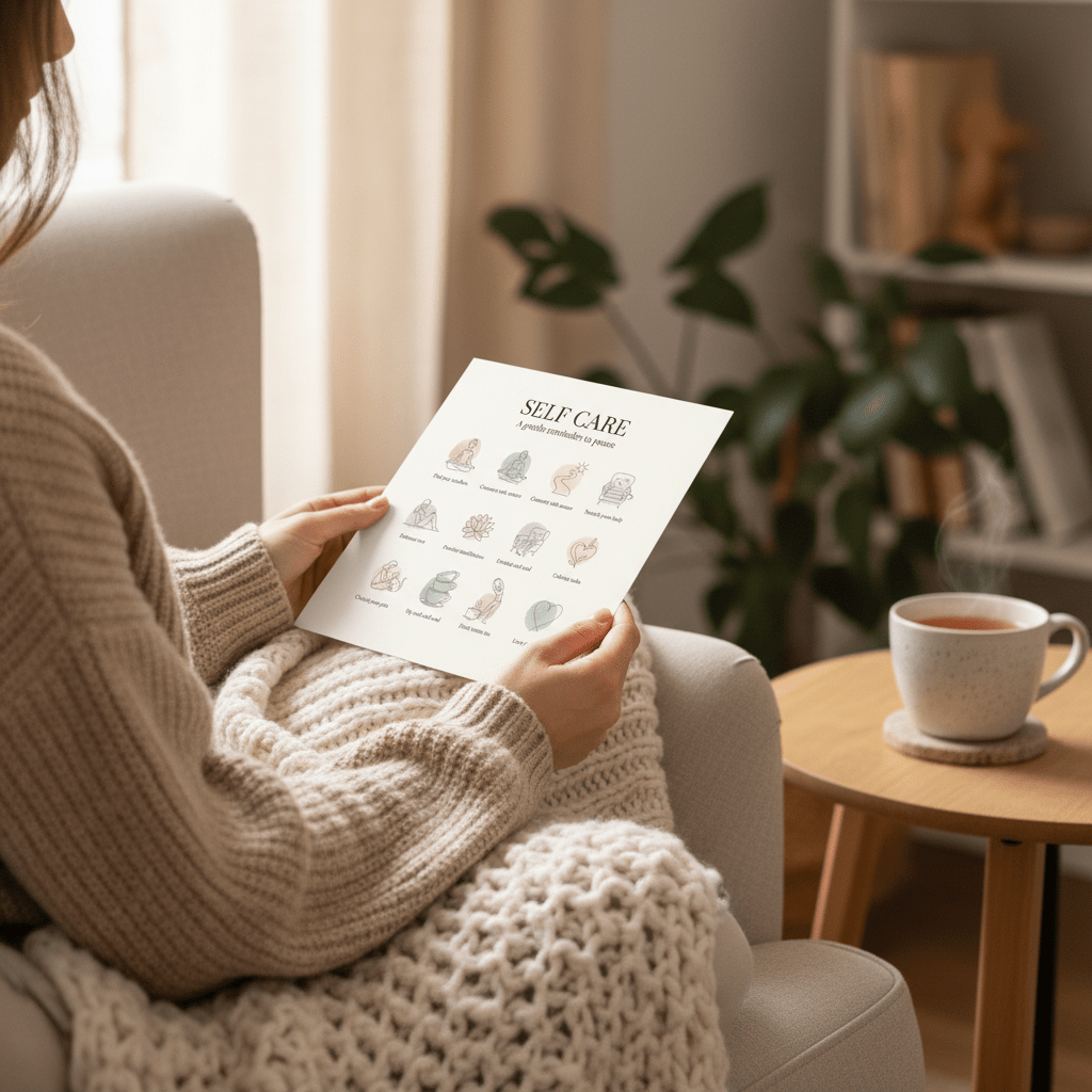 Self-care greeting card flat lay with candles and spa items - Nordic self-compassion message