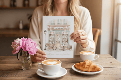 Watercolor café illustration with Love/kärlek text - printable Nordic coffee and friendship art