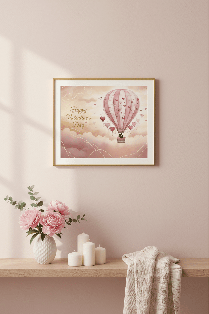 Happy Valentine's Day hot air balloon print in gold frame on wall with pink flowers and candles - printable wall art for romantic home decor