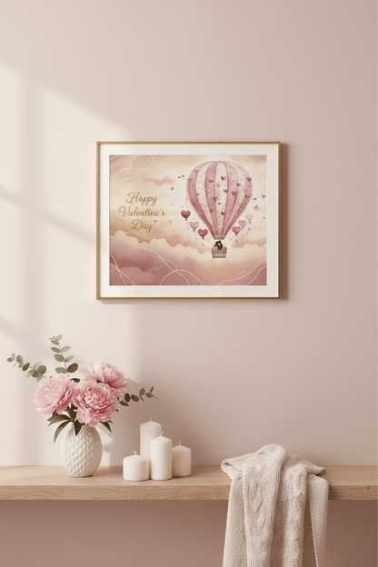 Happy Valentine's Day hot air balloon print in gold frame on wall with pink flowers and candles - printable wall art for romantic home decor