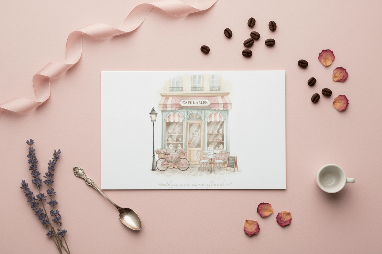 Watercolor café scene with pink peonies and Swedish kärlek text - Café Love digital greeting card