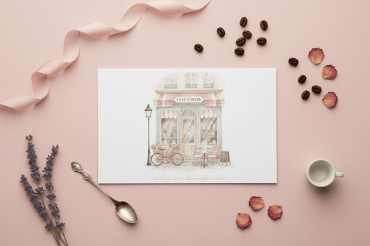 Watercolor café scene with pink peonies and Swedish kärlek text - Café Love digital greeting card