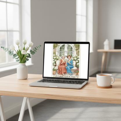 Gin & Tonic birthday card displayed on MacBook screen in elegant workspace