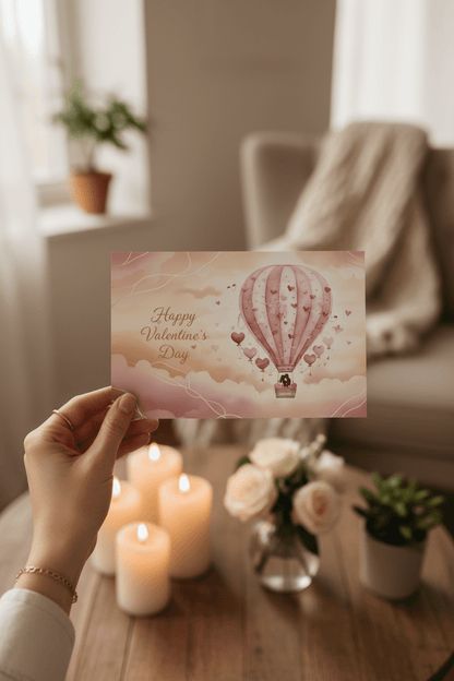 Woman holding Happy Valentine's Day card with pink hot air balloon design in romantic living room with candles and flowers - printable greeting card