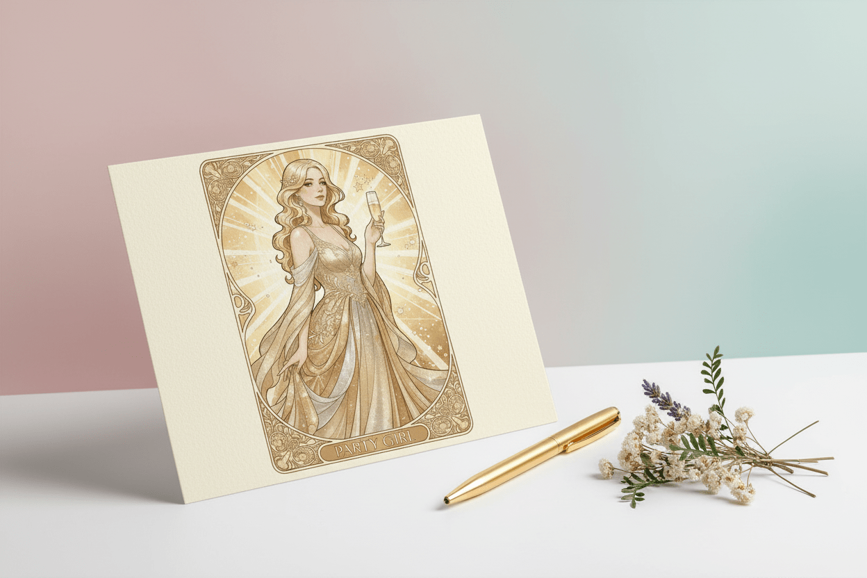Party Girl Art Nouveau card on iPad – printable Nordic celebration card