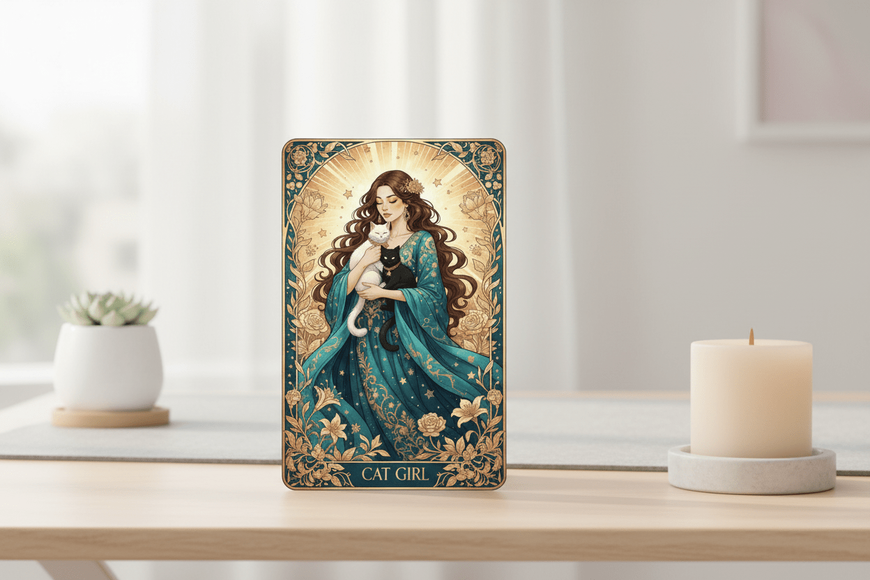 Cat Girl - Art Nouveau Card - Digital Greeting Download - TheJoyfulDigital