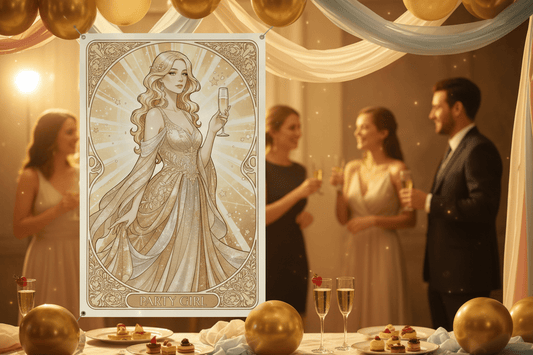 Party Girl Art Nouveau digital greeting card – glamorous celebration illustration with gold accents